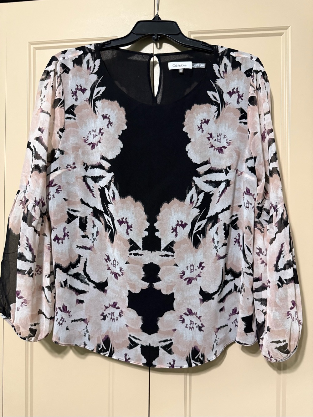 Calvin Klein Black Floral Blush Sheer-Sleeve Blouse